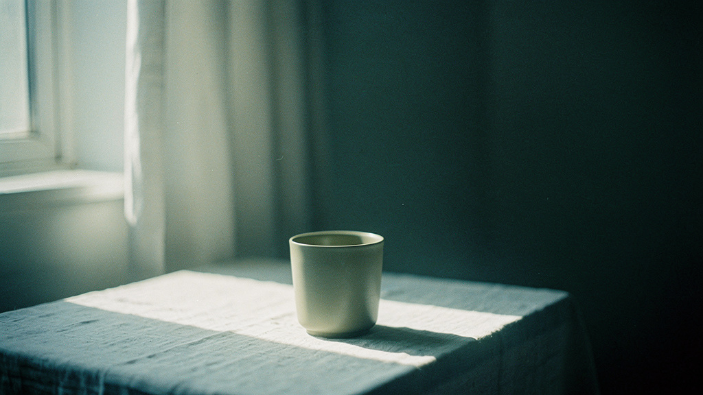 Morning light on a ceramic cup and linen-covered table.