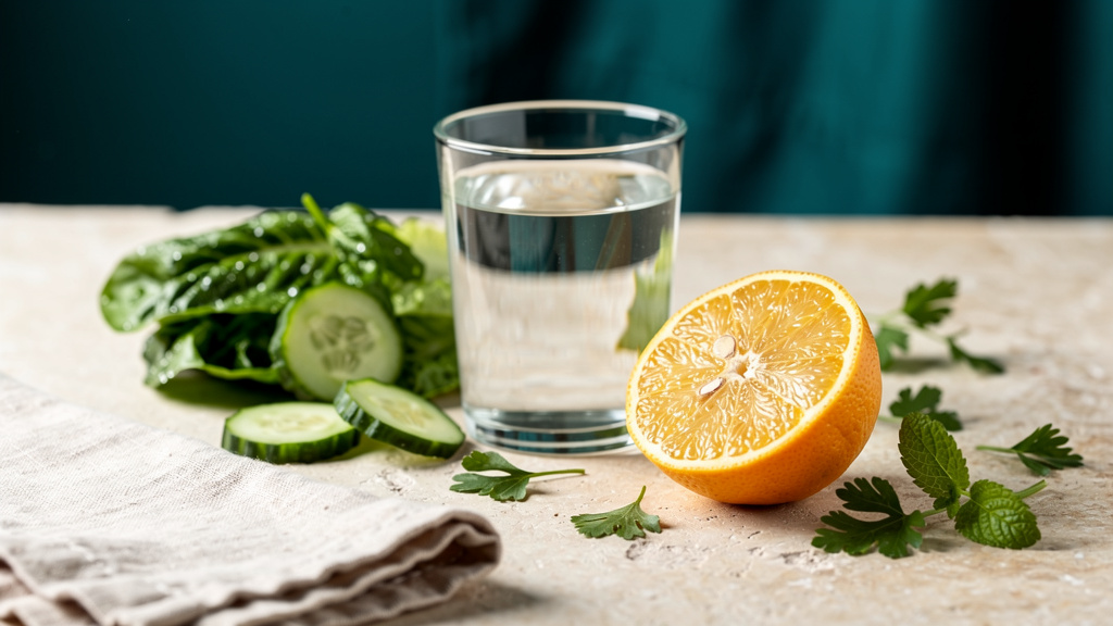 A glass of water with fresh greens and citrus.