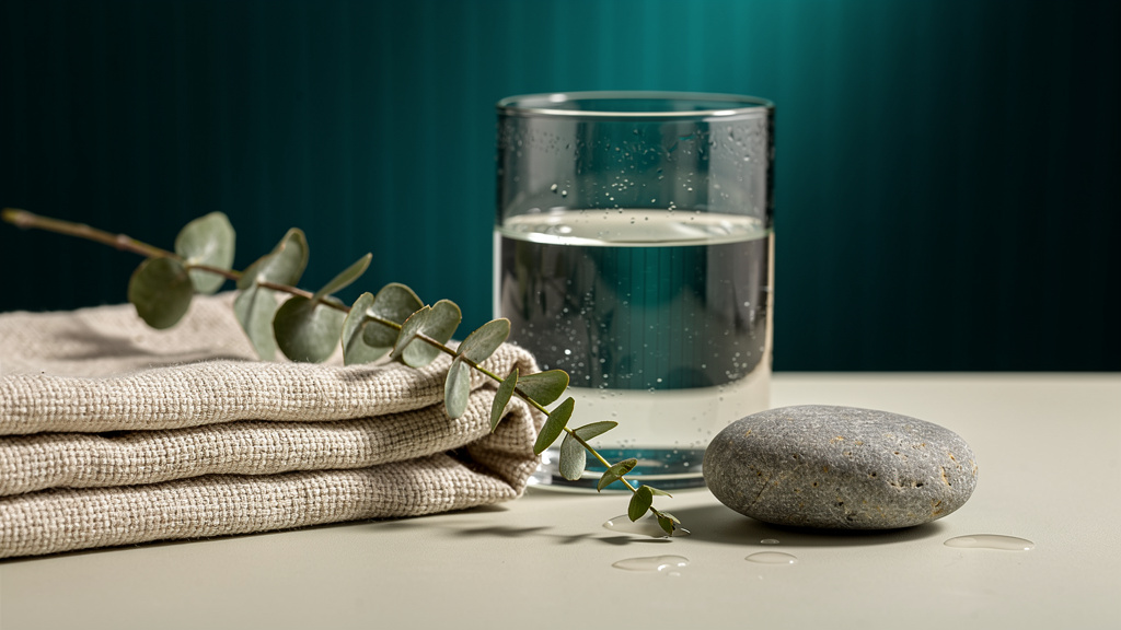 Water, folded towels and eucalyptus on a sunlit surface.