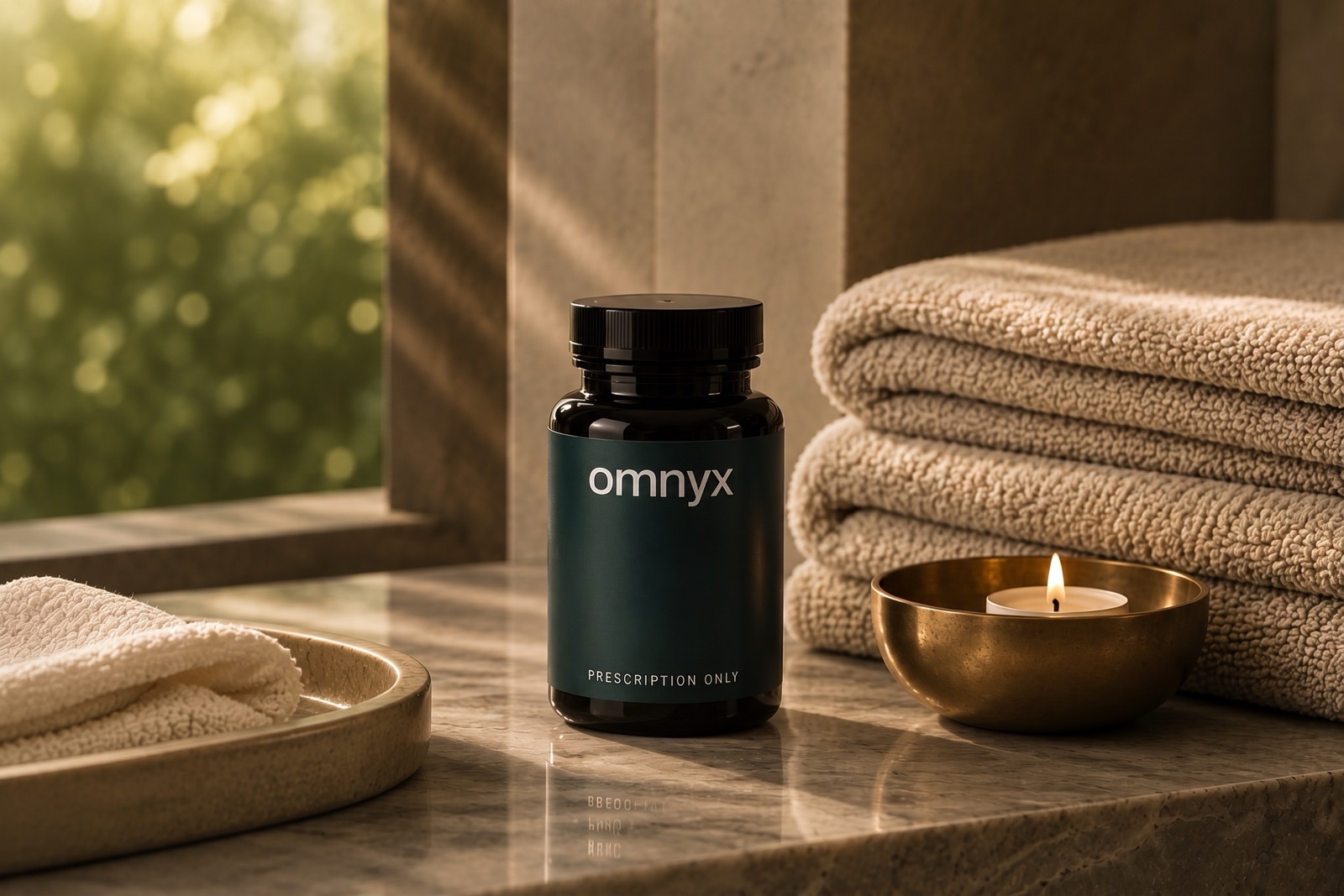 An omnyx prescription bottle on a polished marble surface in warm daylight, beside folded towels and a lit candle in a brass dish.