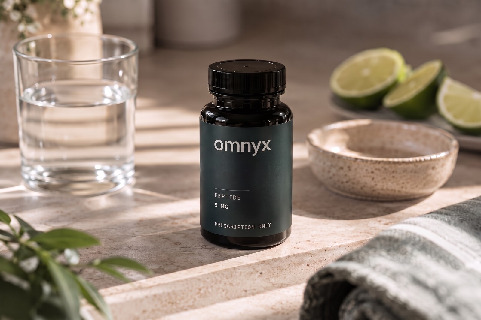 An omnyx prescription bottle on a sunlit stone counter beside a glass of water and halved limes.
