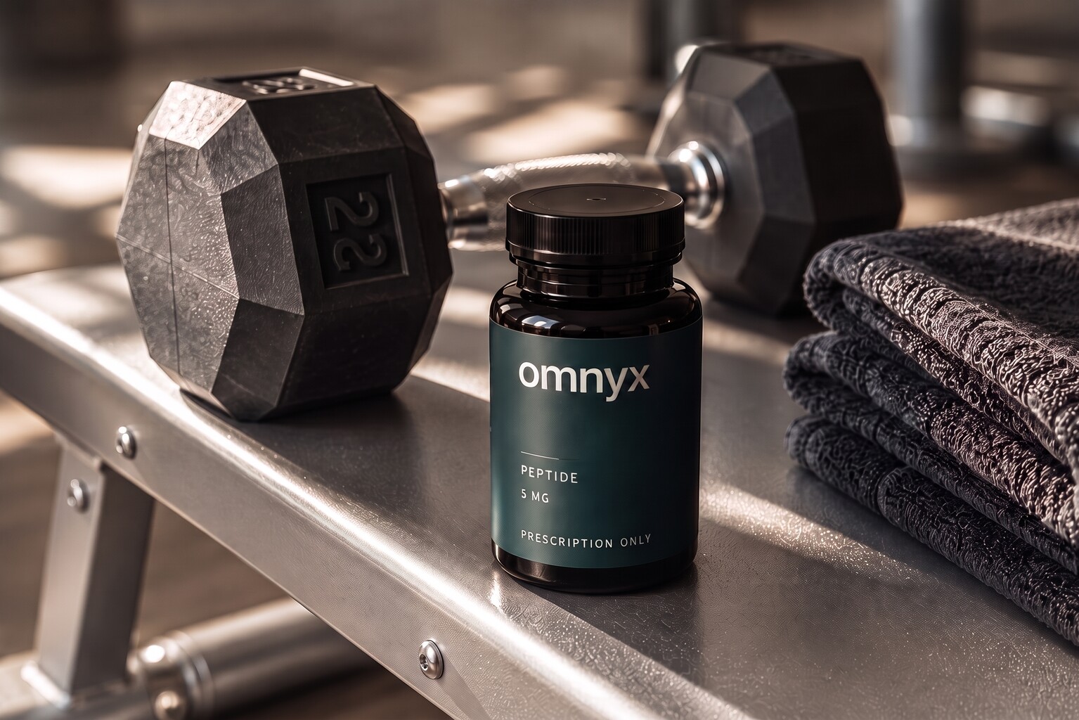 An omnyx peptide therapy bottle on a gym bench in warm light, beside a black dumbbell and folded dark towels.